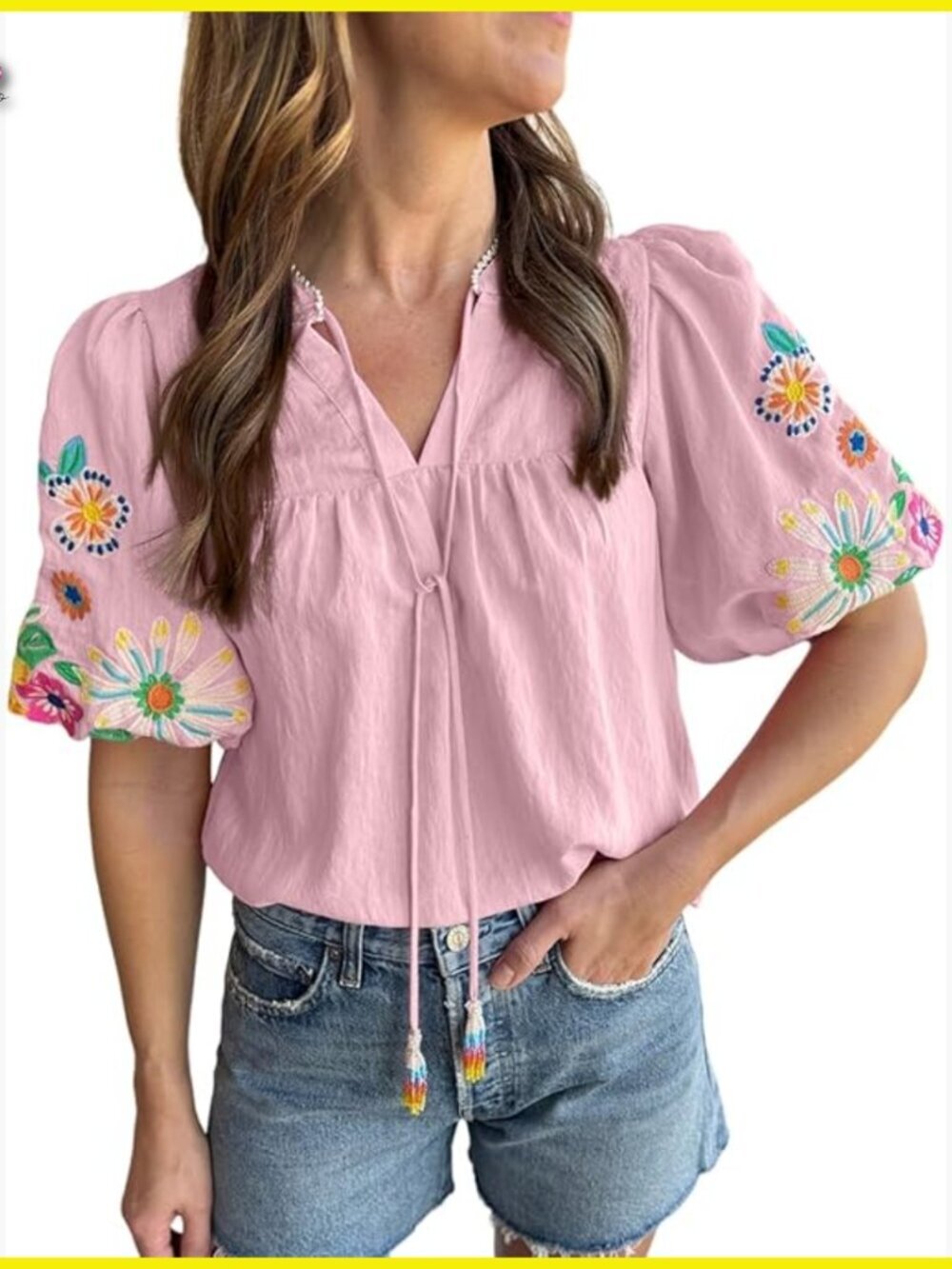 Boho Embroidered Tunic Top Puff Sleeve V-Neck Floral Summer Casual Chic